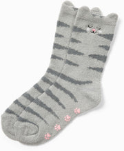 Grey Cat Fuzzy Crew Socks